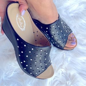 Italina Black Comfort Embellished Platform Star Wedge